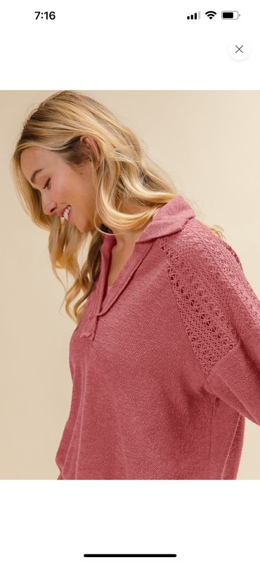 FRENCH TERRY LACE SHOULDER TOP