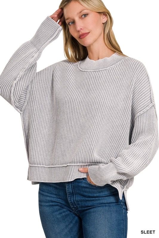 WASHED OVERSIZED SIDE SLIT SWEATER SLEET