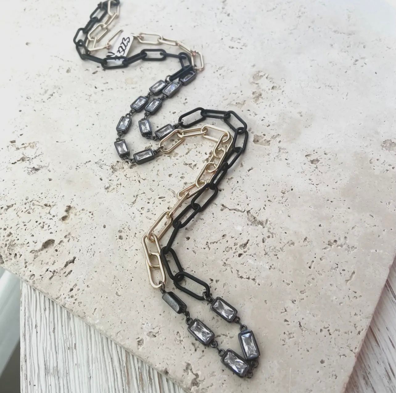 LONG MATTE BLACK/GOLD PAPERCLIP CRYSTAL NECKLACE