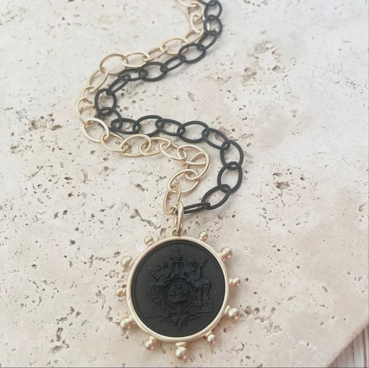MIXED METAL MATTE BLACK COIN NECKLACE
