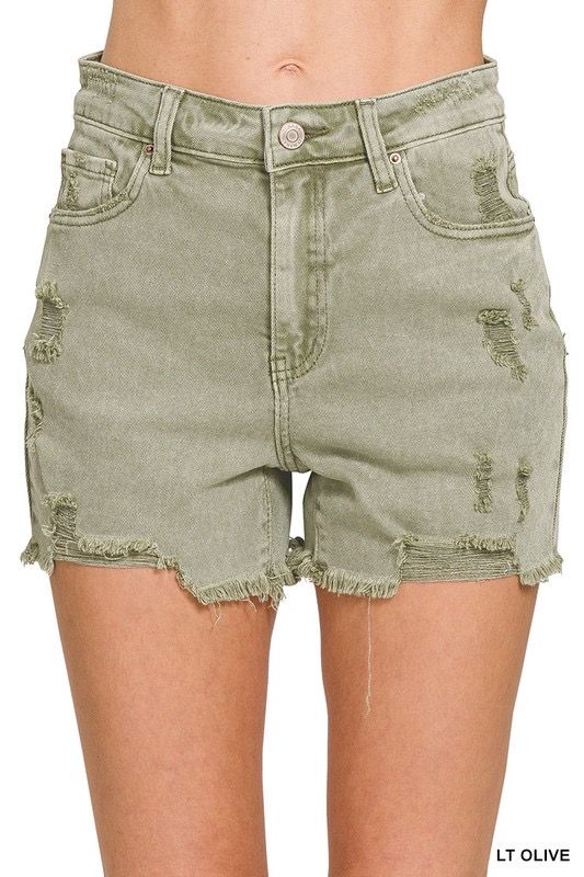 LT OLIVE DISTRESSED HEM DENIM SHORTS