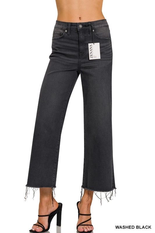 HI RISE WASHED BLK DENIM CROP