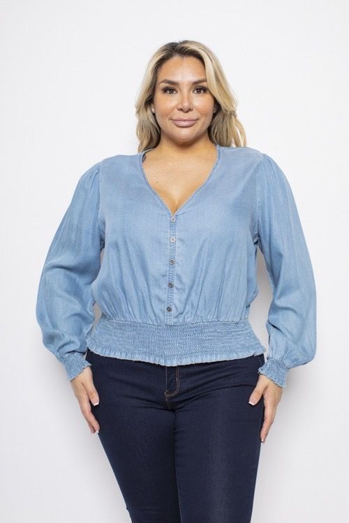 PLUS SIZE DENIM CHAMBRAY TOP