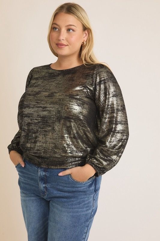 PLUS SIZE METALLIC TOP WITH TIE ACCENT