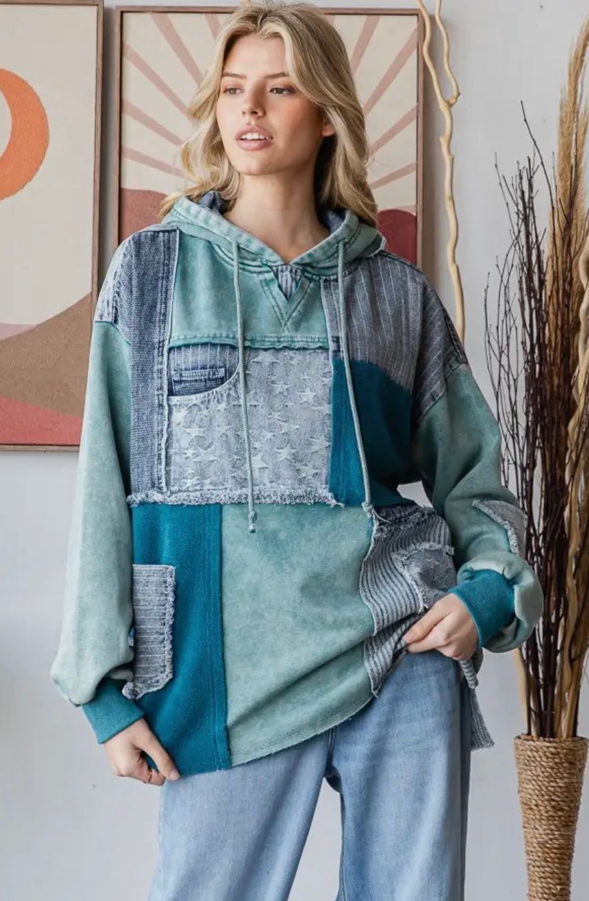 WASHED  DENIM PATCHWORK HOODIE
