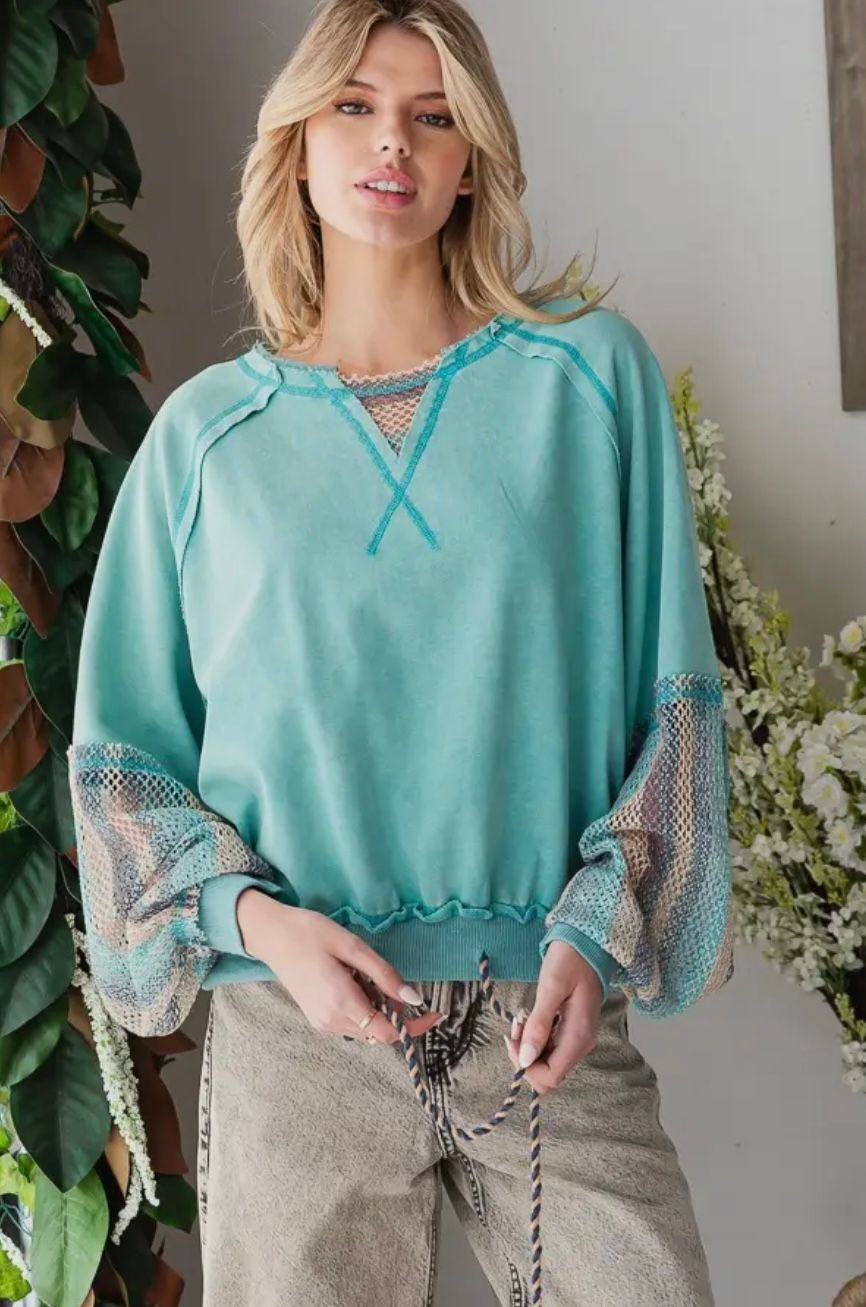 WASHED MESH SLEEVE PULLOVER