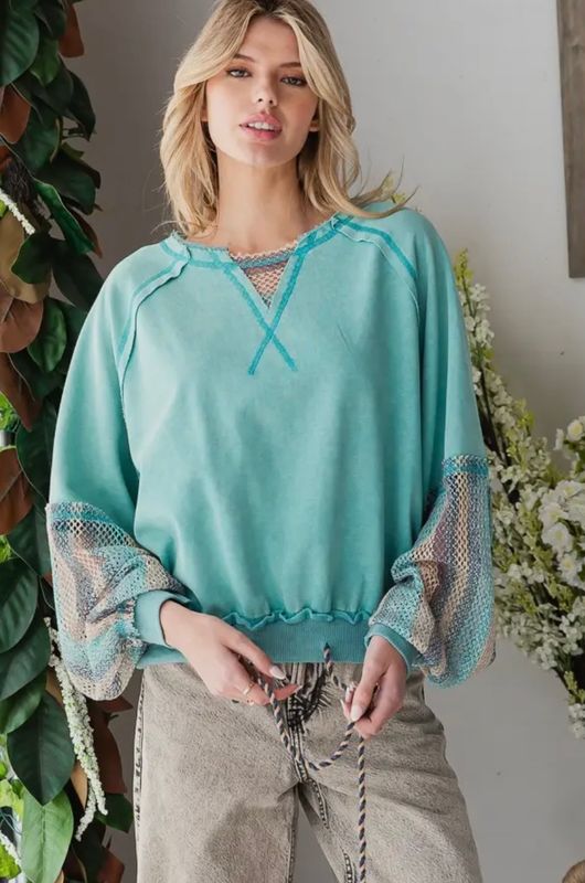 WASHED MESH SLEEVE PULLOVER