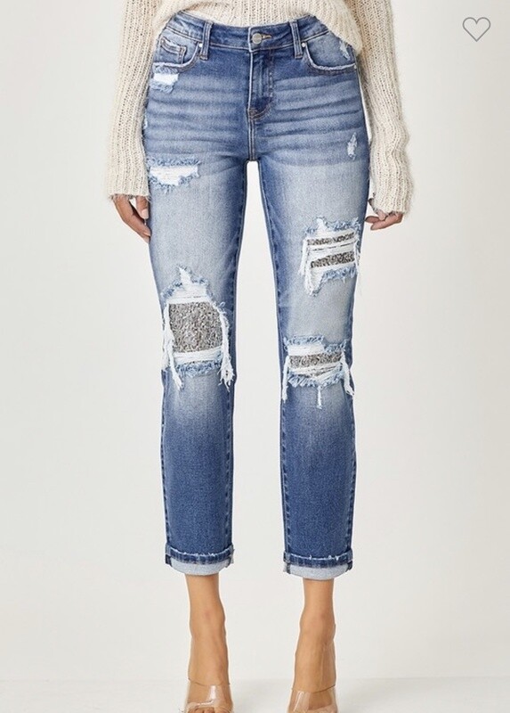 RISEN MIDRISE SEQUIN PATCHED STRAIGHT