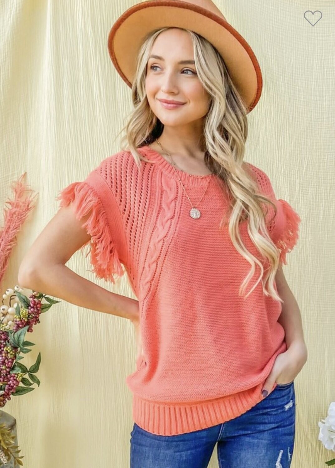 SALMON FRINGE SLEEVE SWEATER