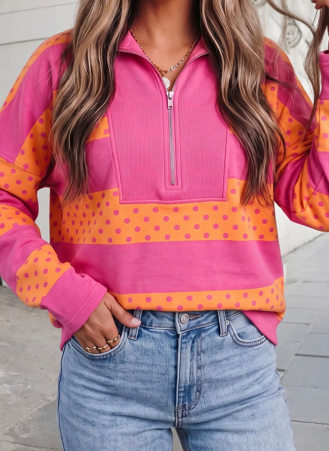 PINK/ORANGE POLKA DOT HALF ZIP TOP
