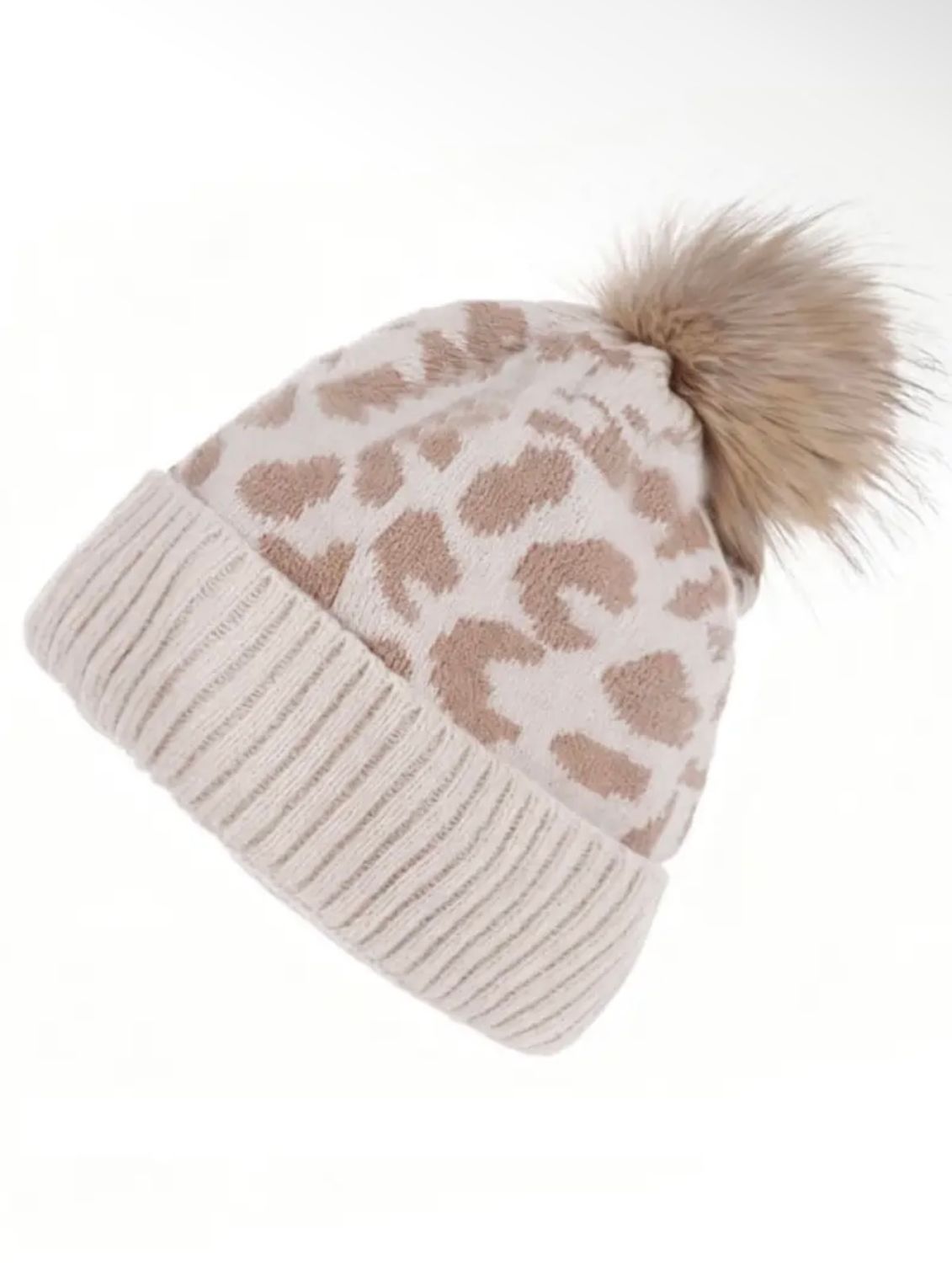 LEOPARD POM POM BEANIE, Color: BONE
