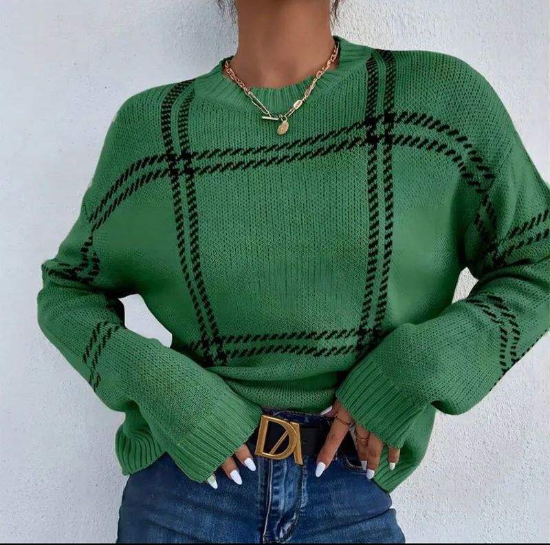 PLAID CREW NECK SWEATER GREEN