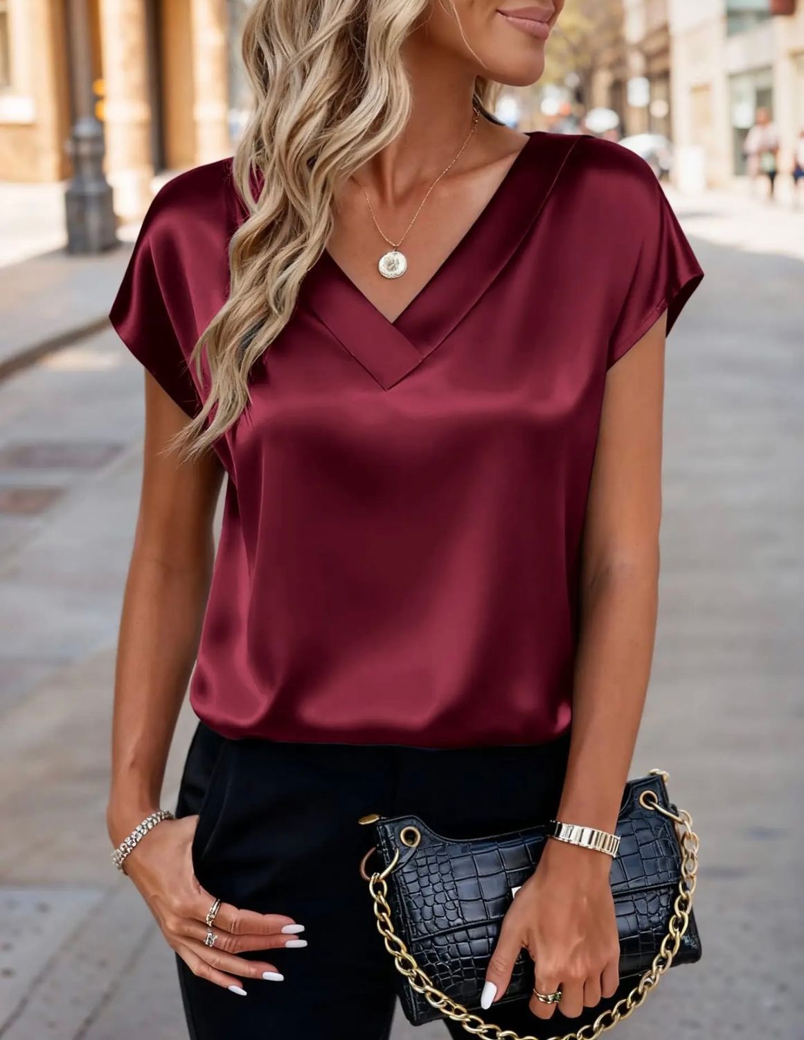 V NECK SATIN TOP, Color: BURGANDY, Size: SM