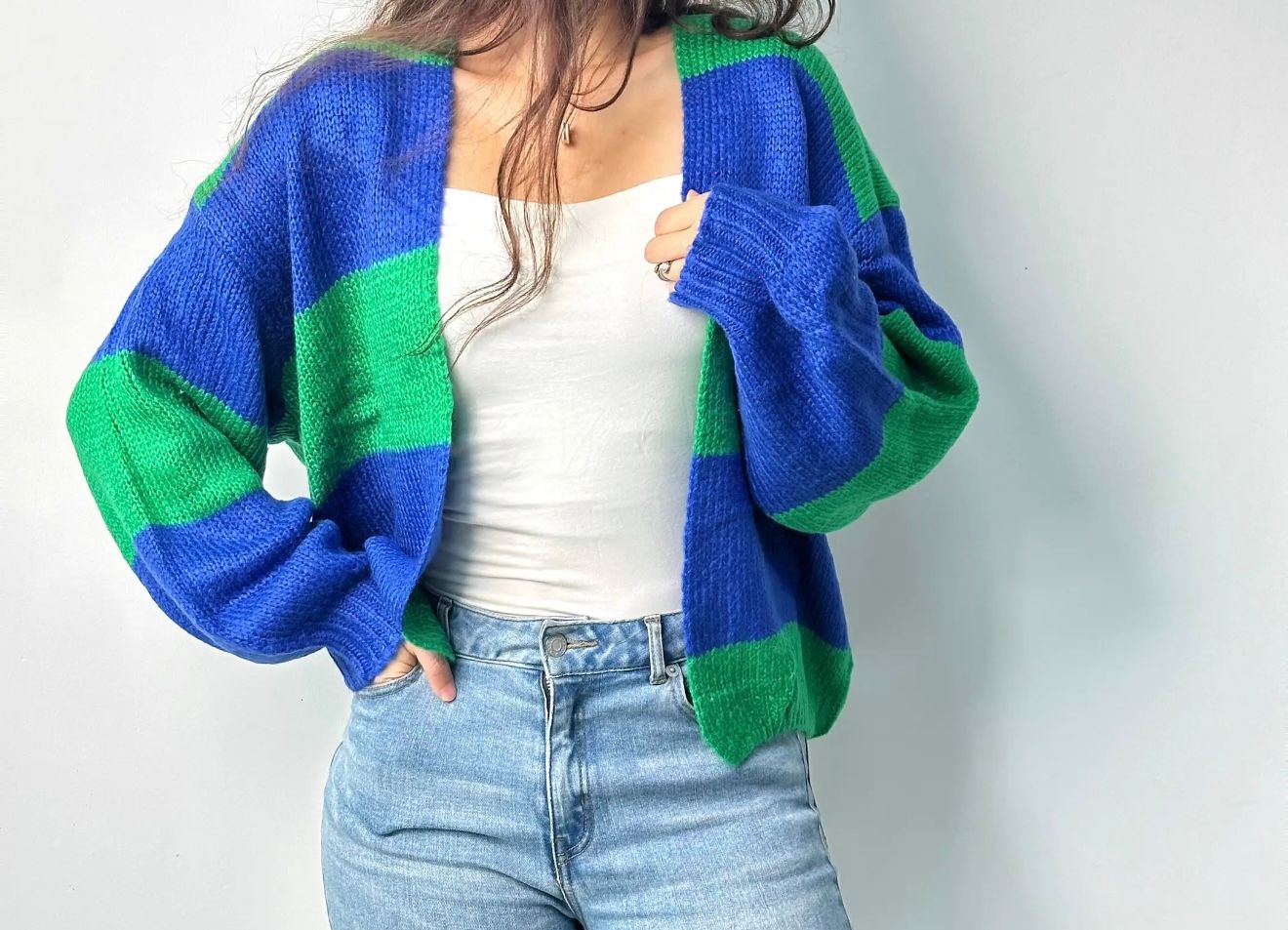 STRIPE KNIT CARDIGAN, Color: BLUE/GREEN, Size: SM