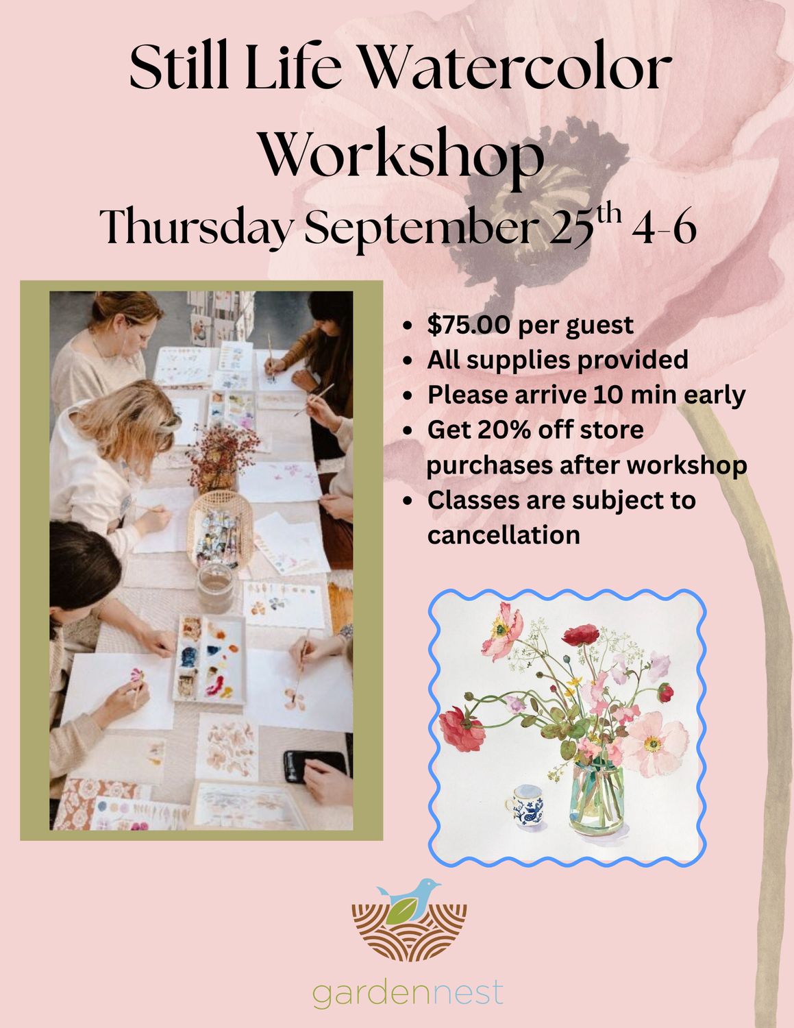 Still Life Watercolor Workshop Sept. 25th