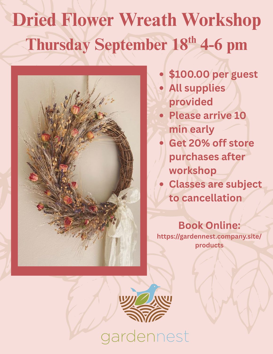 Dried Flower Wreath Workshop Sept. 18th
