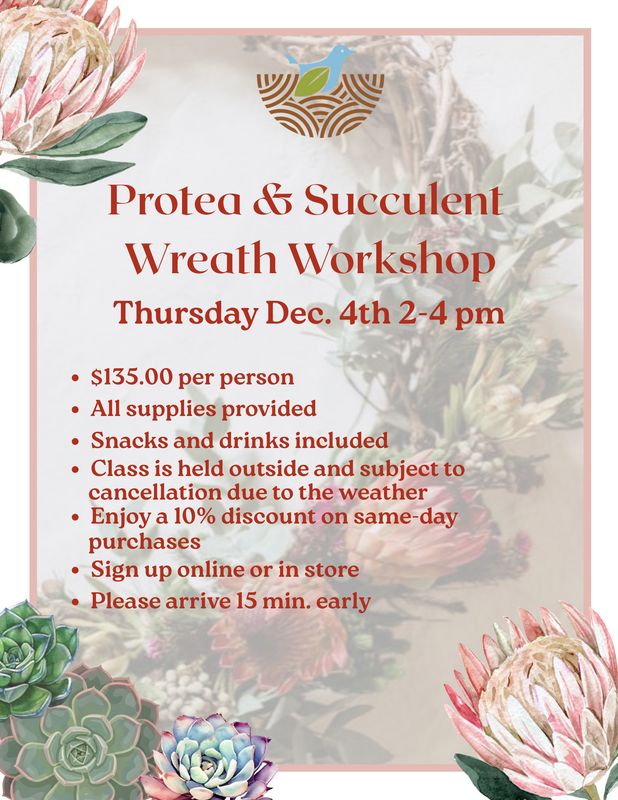 Protea Succulent Wreath Workshop Dec 4th 3-5 pm