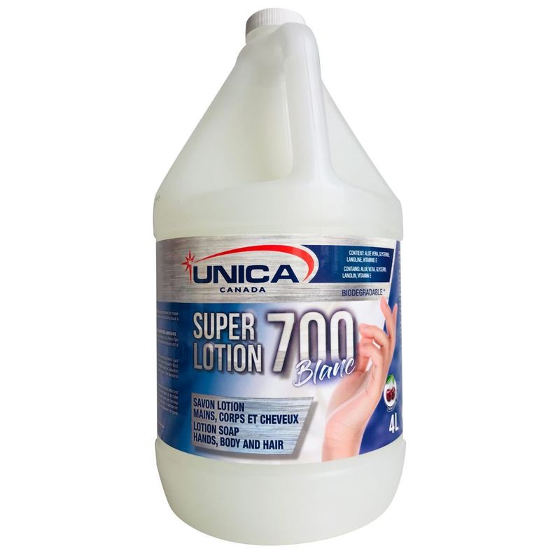 UNICA SUPER LOTION 700 BLANC
SAVON LOTION MAIN, CORPS ET CHEVEUX 4L