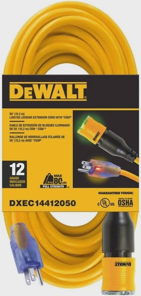 Dewalt SJTW Lighted &amp; Locking Extension Cord, Gauge: 12G, Size: 100&#39;, Category: Extension Cords
