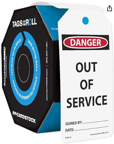 Tags-by-the-Roll Danger Out of Service Tag, Color: White, Size: 100