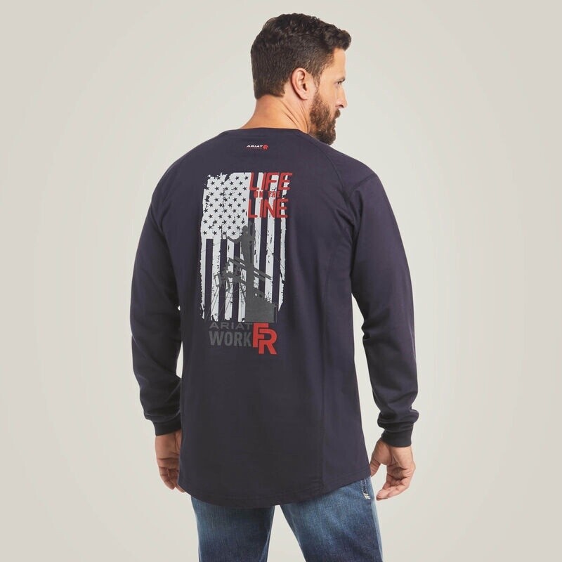 Ariat Men&#39;s FR Air Life on the Line Graphic Shirt-DNR, Color: Navy, Size: S, Style: Graphic
