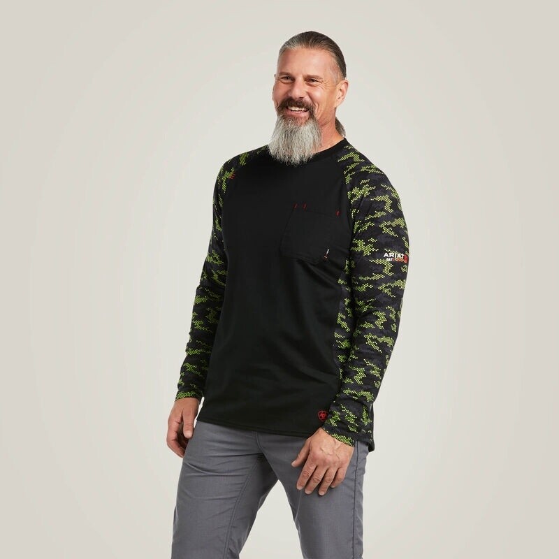 Ariat Men&#39;s FR Stretch Camo Baseball Shirt, Color: Black/Lime Camo, Size: S, Style: Crew