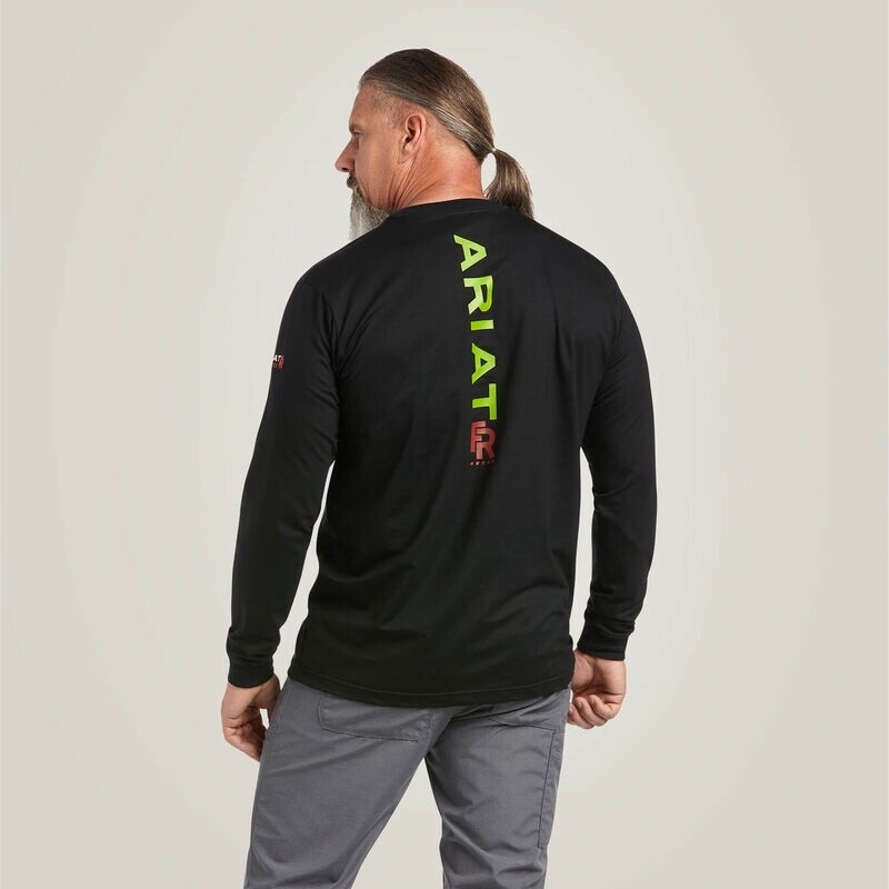 Ariat Men&#39;s FR Stretch Logo Shirt, Color: Black/Lime, Size: S, Style: Crew