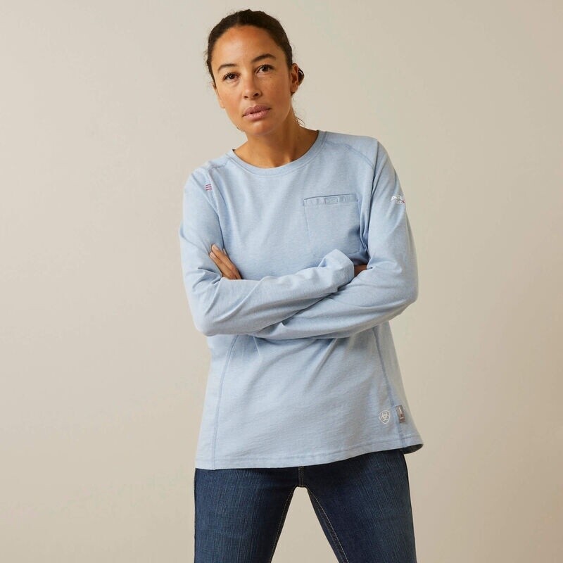 Ariat Women&#39;s FR Air Crew Shirt, Color: Blue Spacedye-DC, Size: S