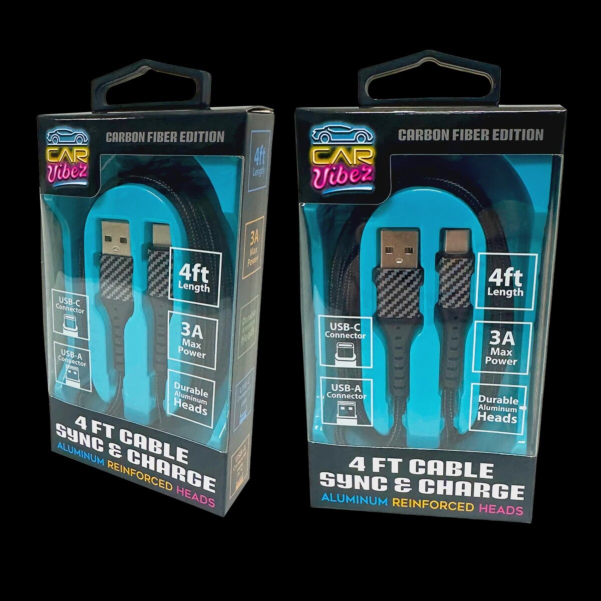 Car Vibez Carbon Fiber Charge Cable, Length: 4&#39;, Model: USB Type C: 3A USB to USB Type C