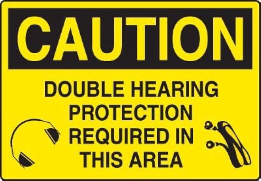 Caution Double Hearing Protection Required In This Area Sticker, Size: 10&quot;x7&quot;