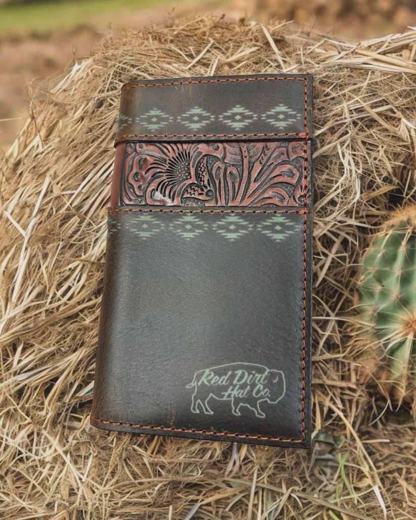 Red Dirt Hat Co. Brown Western Tooled Leather Junior Rodeo Wallet, Style: Bill-Fold