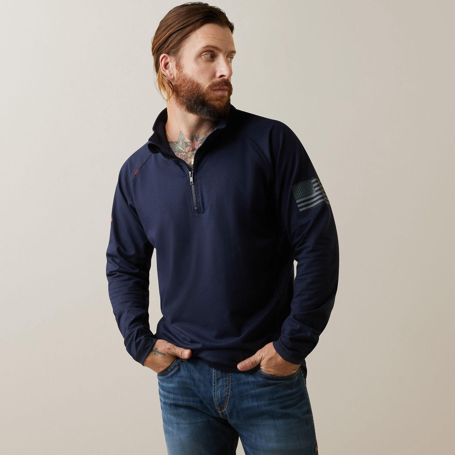 Ariat Men&#39;s FR Combat Stretch Patriot 1/4 Zip Work Shirt, Color: Navy, Size: S