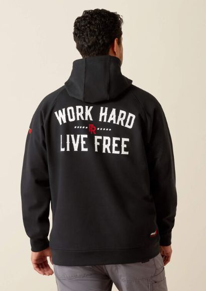 Ariat Men&#39;s FR Work Hard Live Free Hoodie, Color: Black, Size: S, Style: Graphic