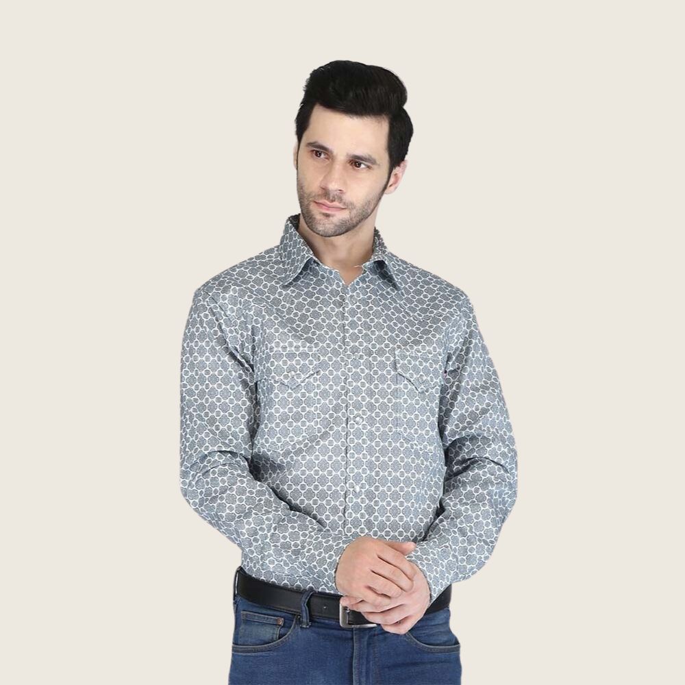 Forge Men&#39;s FR MFRPLD-227 Light Grey Printed Shirt, Size: S, Style: Button-Up