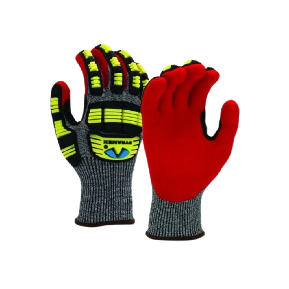 Pyramex Nitrile Dipped Impact Glove GL609C (Cut 6, Impact 2, Puncture 4, Abrasion 6), Color: RED/YELLOW, Size: L