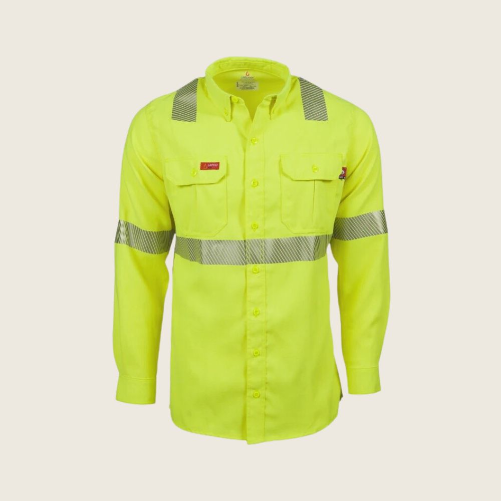 Lapco Men&#39;s FR 5oz Hi-Viz TecaSafe One Inherent Modern Uniform Shirt, Size: S, Length: Regular, Style: Button-Up