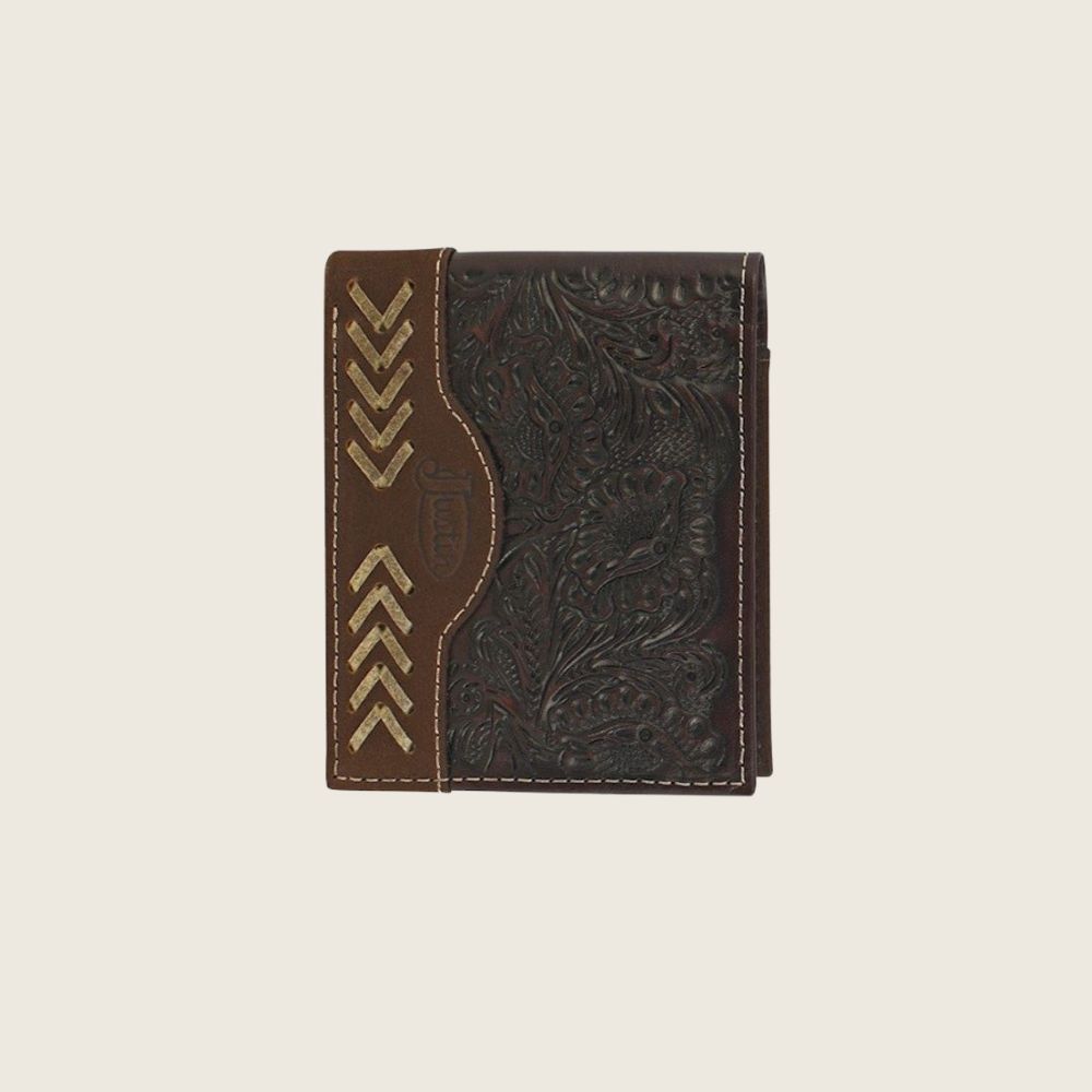 Justin Bifold Leather Brown W/ Tooling and Rawhide, Style: Bi-Fold
