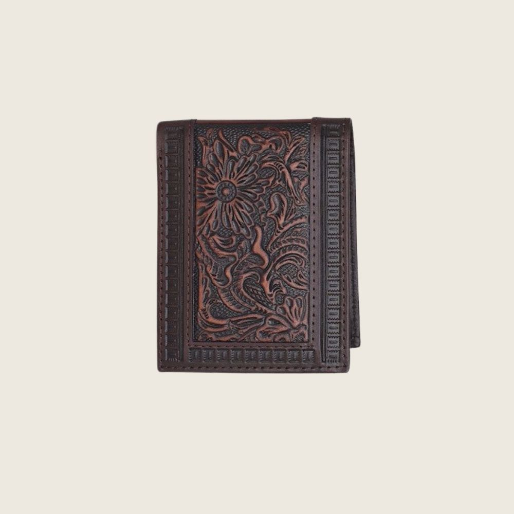 Justin Bifold Wallet Genuine Leather w/ Tooling, Style: Bi-Fold