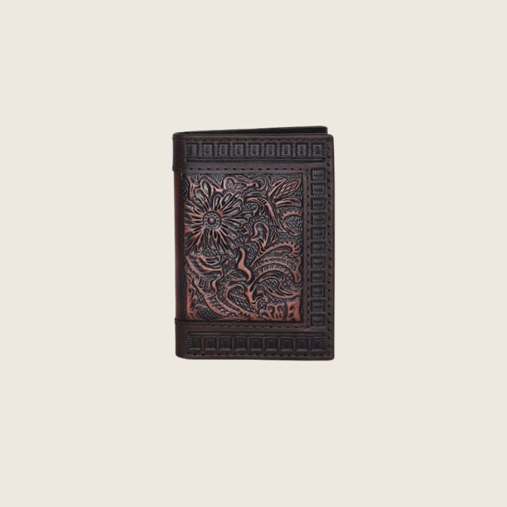 Justin Leather Trifold Wallet W/ Tooling and Embossed Edge, Style: Tri-Fold