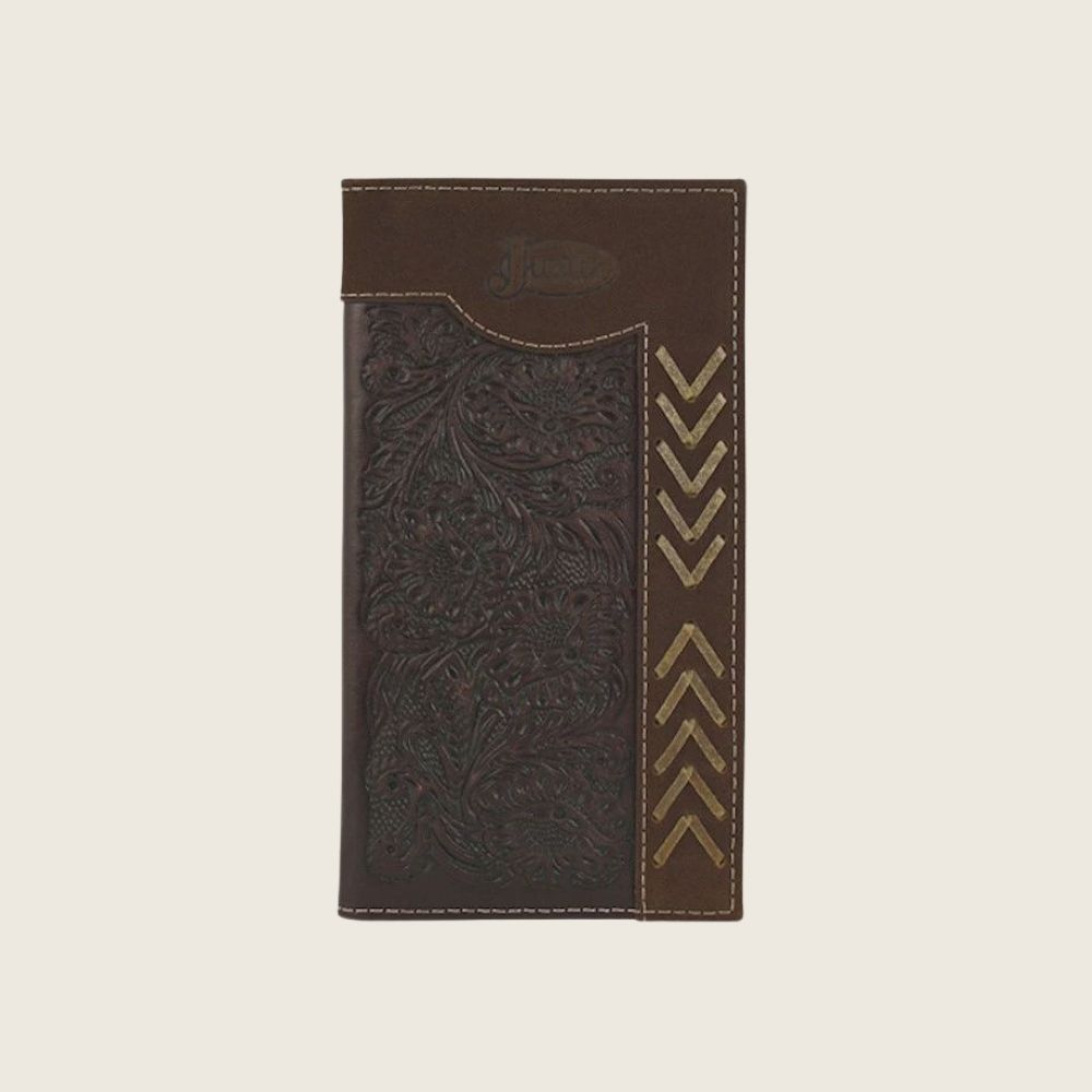 Justin Rodeo Wallet Brown W/ Tooling and Rawhide, Style: Bill-Fold