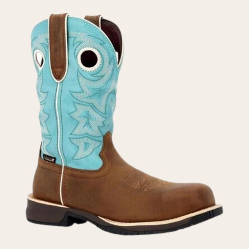 Rocky Rosemary Women&#39;s Brown &amp; Turquoise Waterproof Composite Toe Western Boot-DC