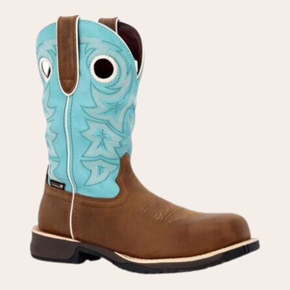 Rocky Rosemary Women&#39;s Brown &amp; Turquoise Waterproof Composite Toe Western Boot-DC, Color: Brown &amp; Turquoise, Diameter: M, Size: 6