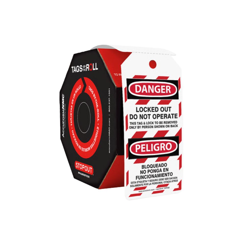 Tags-by-the-Roll: Danger Do Not Operate: Bilingual, Color: Red/ Black, Size: 100