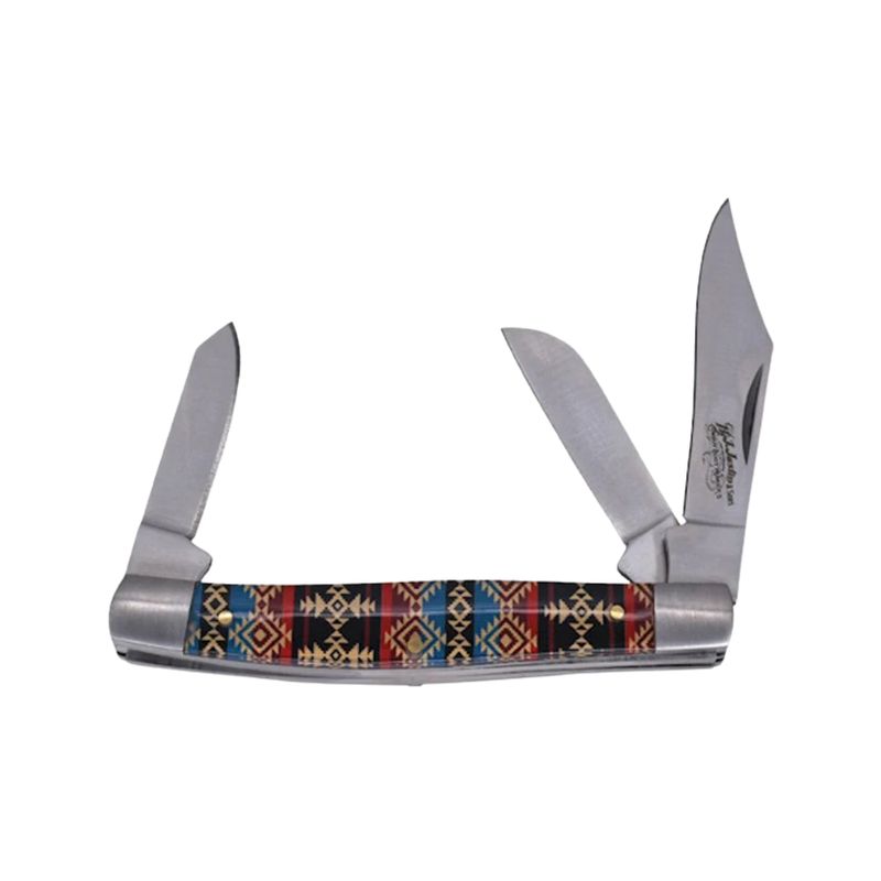 Justin Stockman Knife Acrylic Blue and Red Aztec 3 Blade