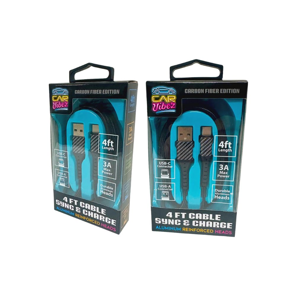 Car Vibez Carbon Fiber Charge Cable, Length: 4&#39;, Model: USB Type C: 3A USB to USB Type C