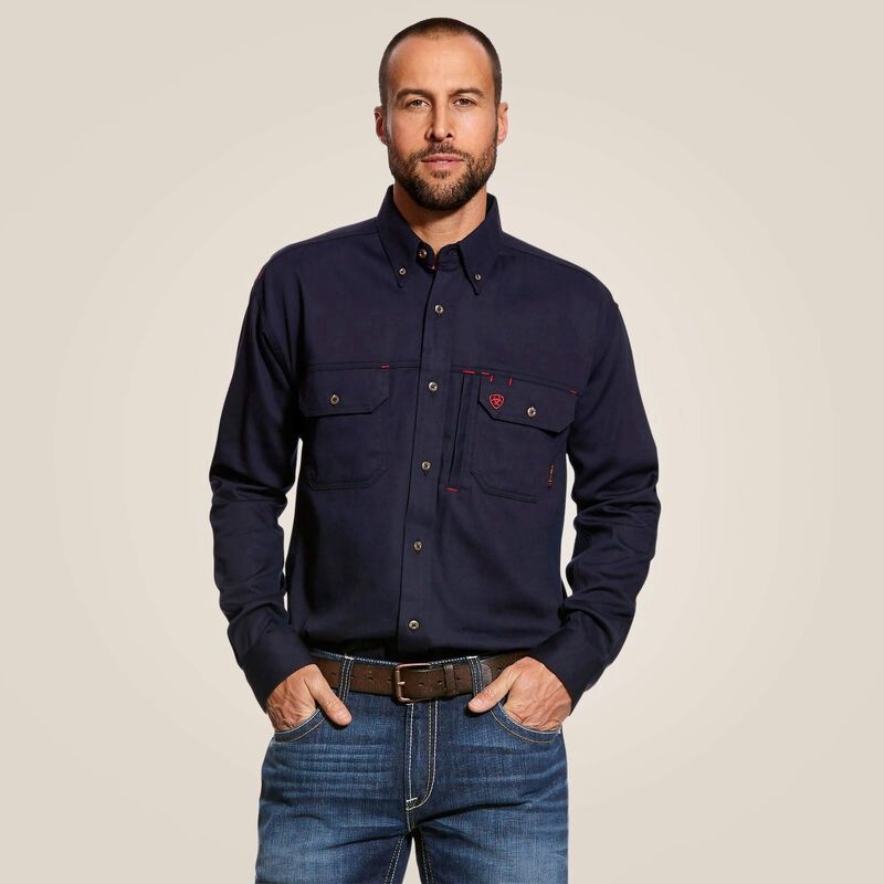 Ariat Men's FR Solid Vent Work Shirt Navy, Color: Navy, Size: S, Style: Button-Up