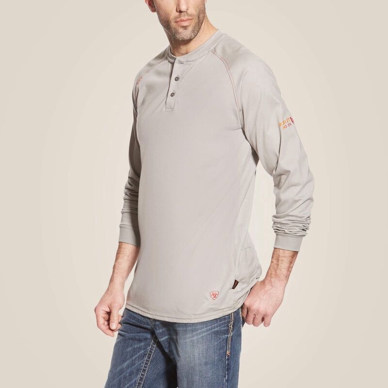 Ariat Men's FR Henley Shirt Silver Fox, Color: Silver Fox, Size: S, Style: Henley