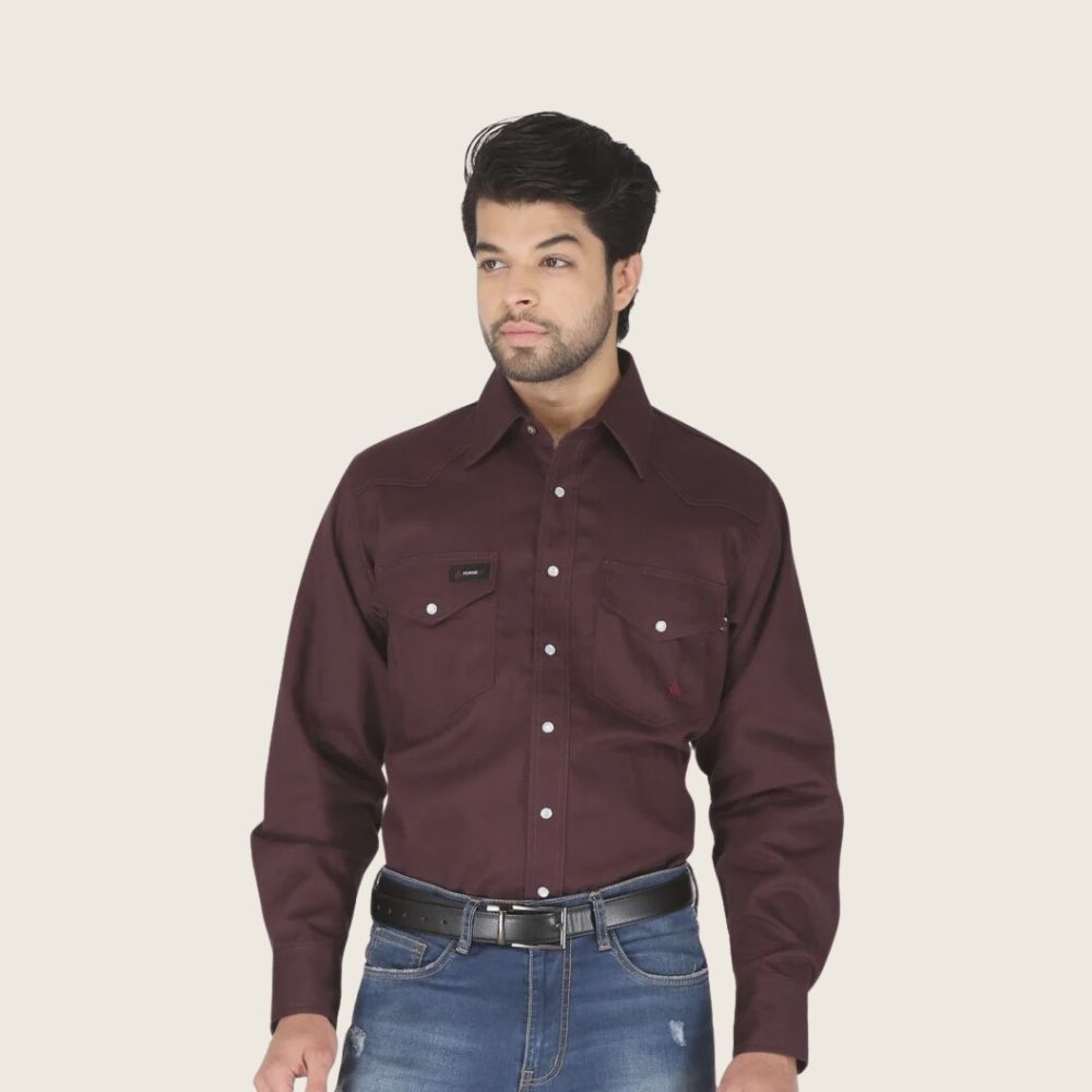 Forge Men's FR Solid Work Shirt Burgundy, Color: Burgundy, Size: S, Style: Snap