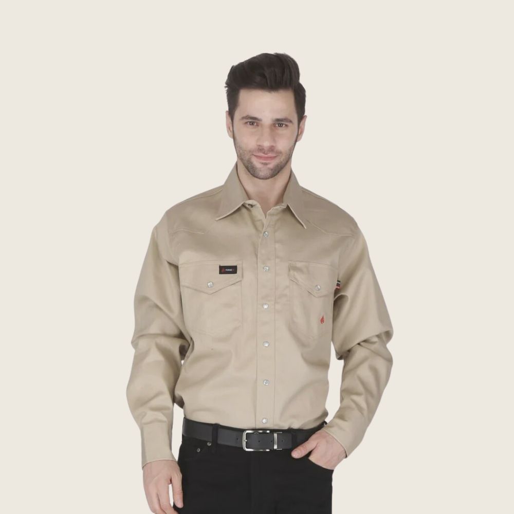 Forge Men's FR Solid Work Shirt Stone, Color: Stone, Size: S, Style: Snap