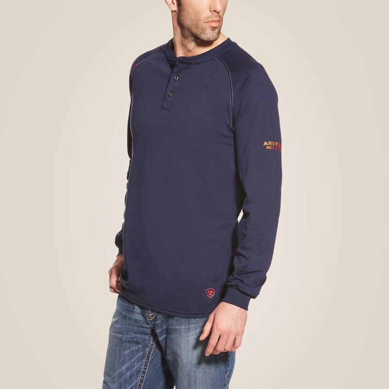 Ariat Men's FR Henley Shirt Navy, Color: Navy, Size: S, Style: Henley